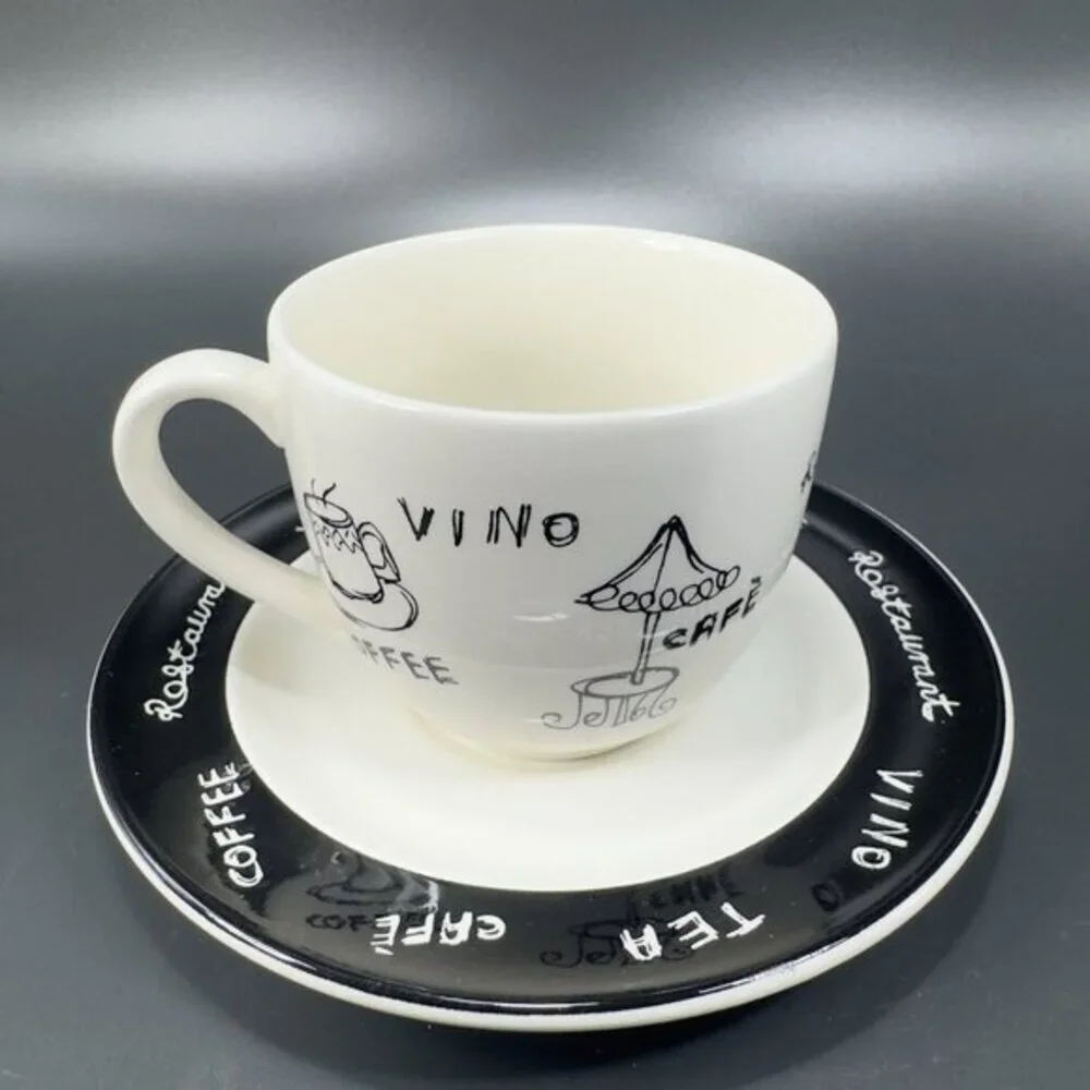 Pier 1 ENGLAND ANGLETERRE Ceramic‎ Teacup And Saucer Set Vino Coffee Black White